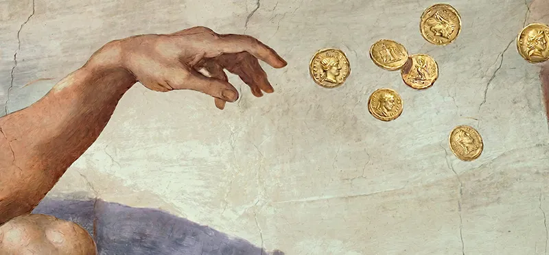 Painting of a hand reaching for gold coins