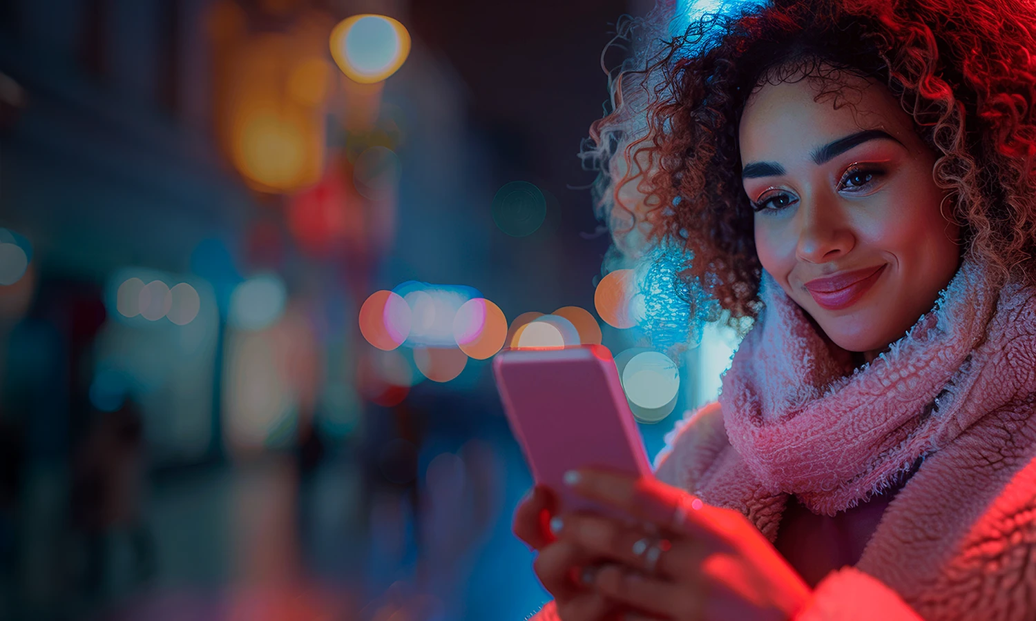 Woman wearing a scarf smiling while looking at her phone