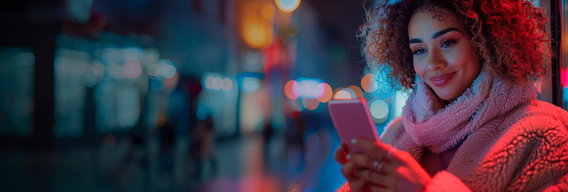 Woman wearing a scarf smiling while looking at her phone