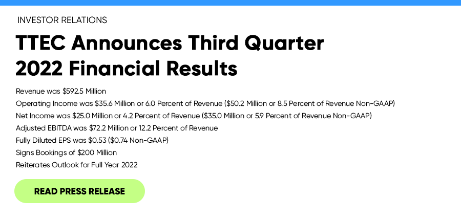 TTEC Announces Third Quarter 2022 Financial Results. Read press release