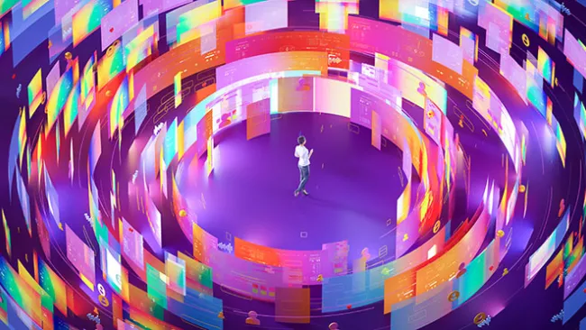A person standing in the middle of a circle comprised of computer screens