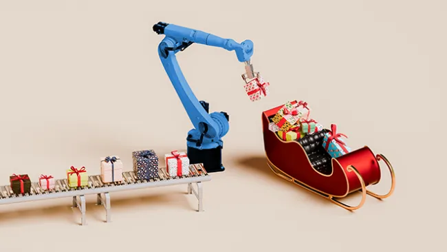 A robotic crane lifting gifts off a conveyer belt and putting them in Santa's sleigh