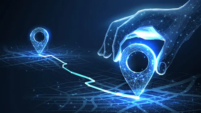 Two location pins on a map, with a line connecting the two