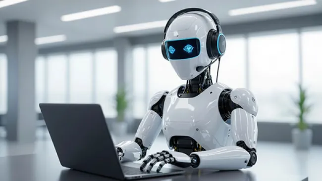 Robot wearing headphones and typing on a laptop