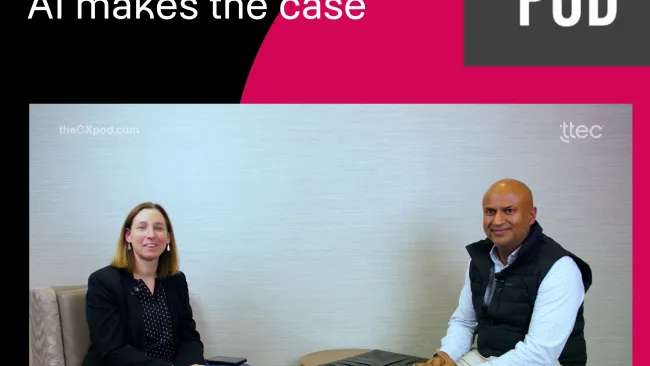 Two people seated and smiling to the camera. Discussing AI and QA in customer experience