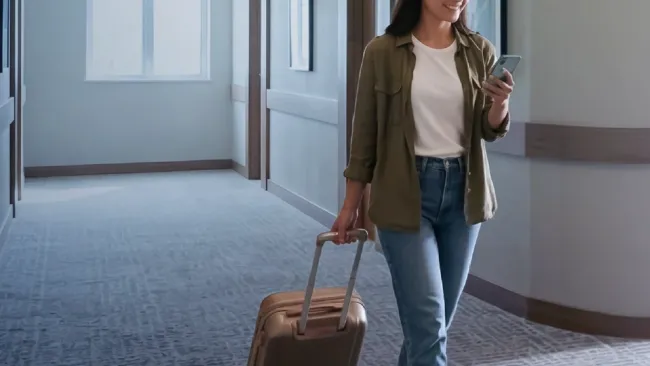 Woman exiting an airplane