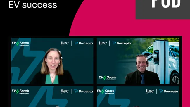 Four panel headshots of people talking about electric vehicles with pink CX Pod logo