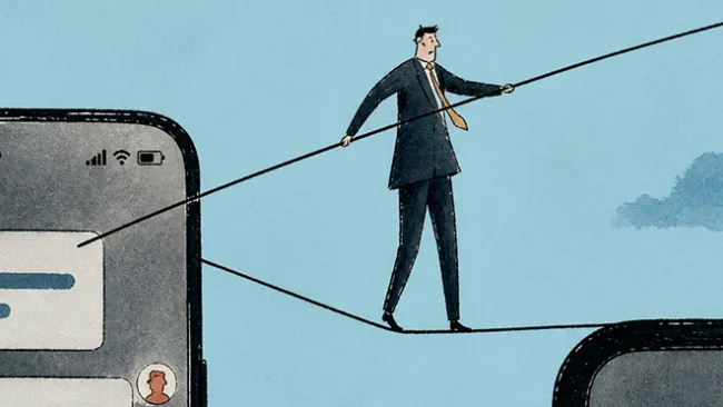 Illustration of a man walking a tightrope between two smartphones