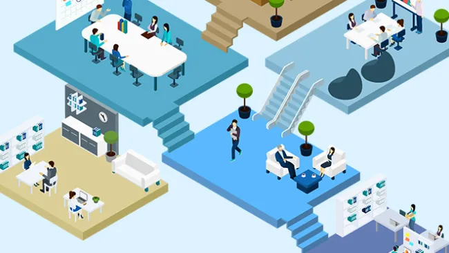 Illustration of a bunch of platforms with groups of people, connected by stairways