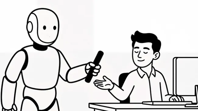 An illustration of a robot handing a baton to a man sitting at a desk