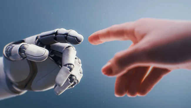 A human hand reaching out to touch a robot hand