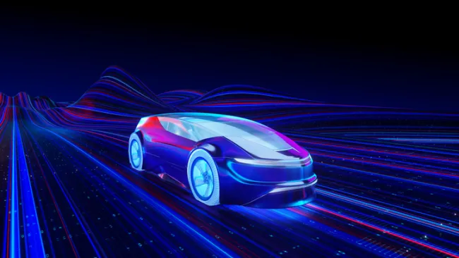 Computer generated futuristic car with streams of color lines and data around it