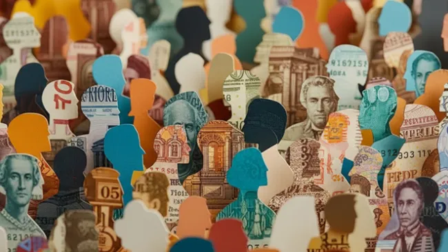 Collage of people made out of money