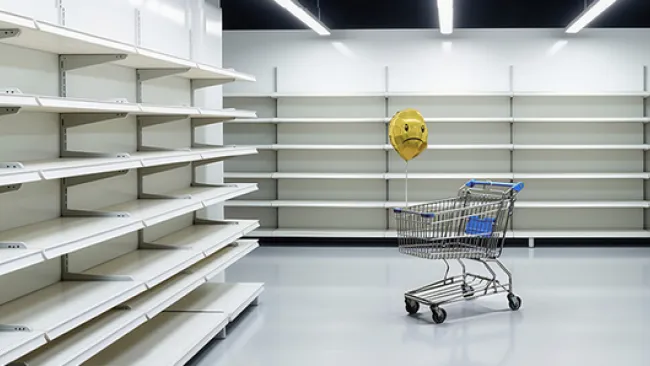 shopping cart among empty store shelves 