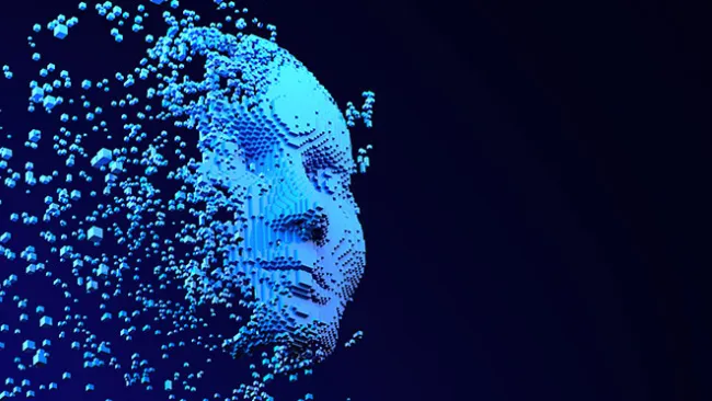 Image of a pixelated face that's breaking apart 