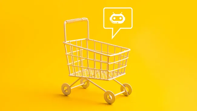 A shopping cart with a digital image of a face in a speech bubble above it