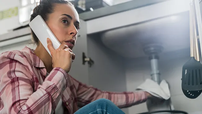 Woman on the phone with a hand under her sink 