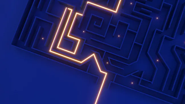 A maze with the route through it illuminated