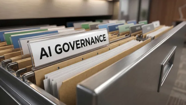 file cabinet with an "AI Governance" folder tab sticking out 
