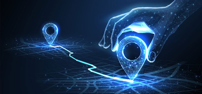 Two location pins on a map, with a line connecting the two