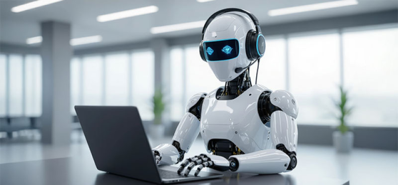 Robot wearing headphones and typing on a laptop
