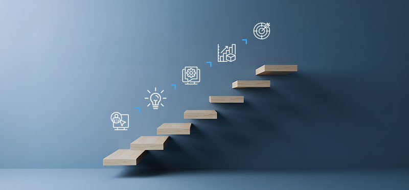 Stairs with icons above them denoting ideas/lightbulbs and sales/graphs images