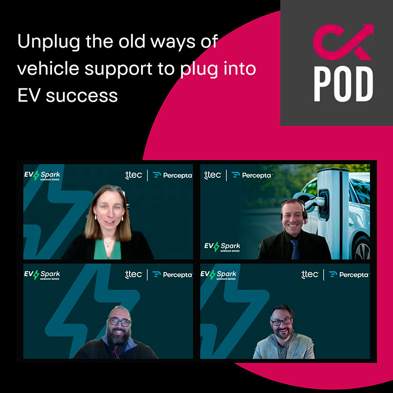 Four panel headshots of people talking about electric vehicles with pink CX Pod logo