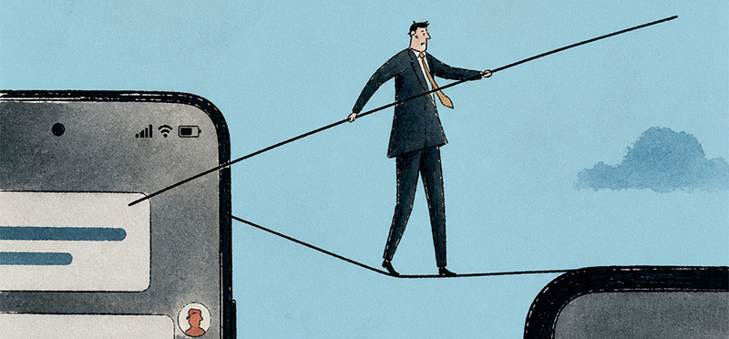 Illustration of a man walking a tightrope between two smartphones