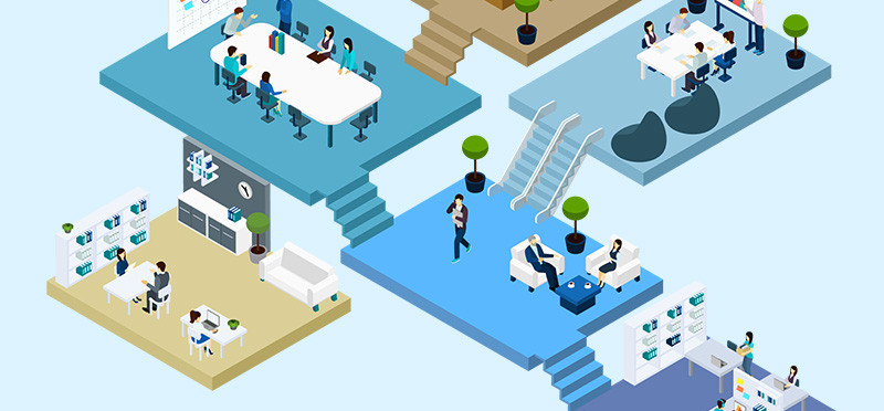 Illustration of a bunch of platforms with groups of people, connected by stairways