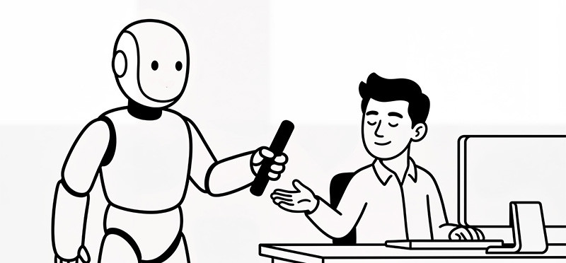 An illustration of a robot handing a baton to a man sitting at a desk