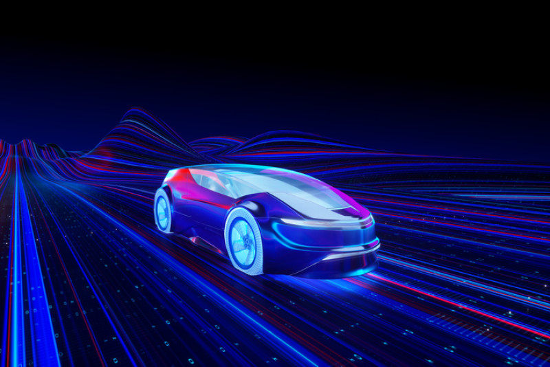 Computer generated futuristic car with streams of color lines and data around it