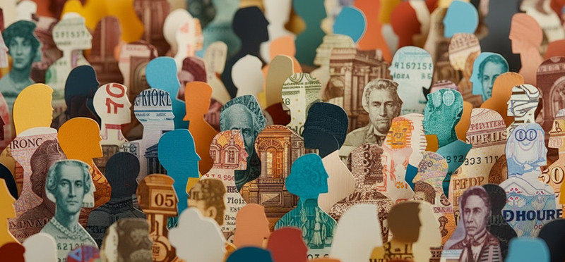 Collage of people made out of money