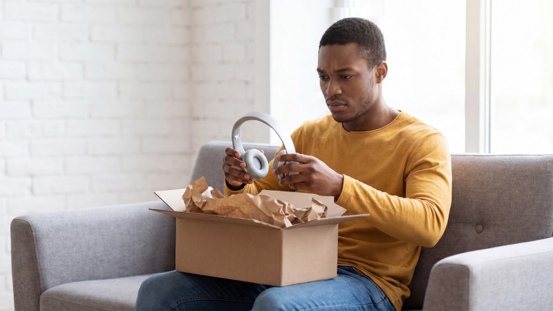 A man taking headphones out of a shipping box