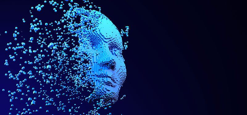 Image of a pixelated face that's breaking apart 