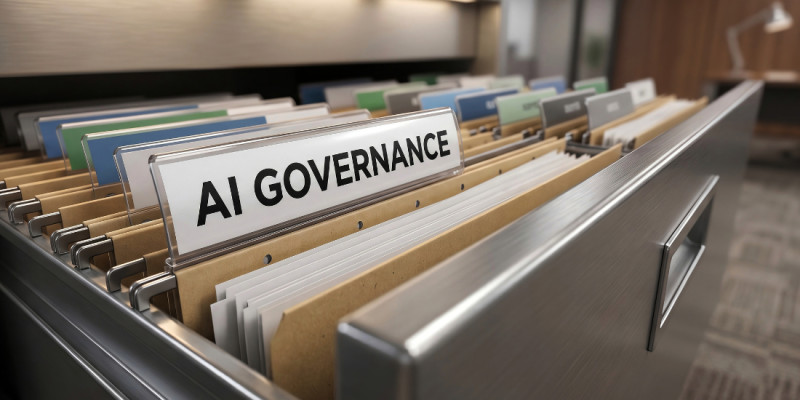 file cabinet with an "AI Governance" folder tab sticking out 