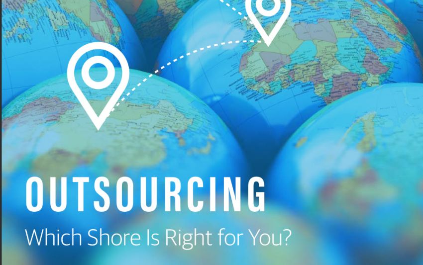 Cover of outsourcing strategy guide providing overview of offshoring, nearshoring, and onshoring
