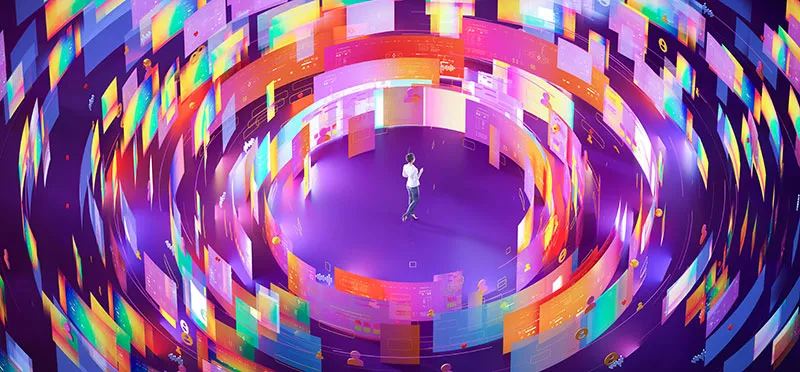A person standing in the middle of a circle comprised of computer screens
