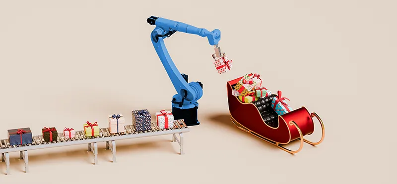A robotic crane lifting gifts off a conveyer belt and putting them in Santa's sleigh