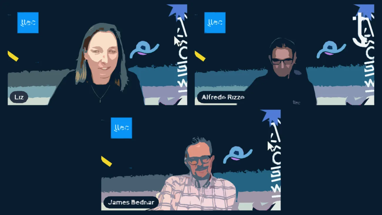 Artistic styling of CX Trends webinar screenshot featuring 3 people 