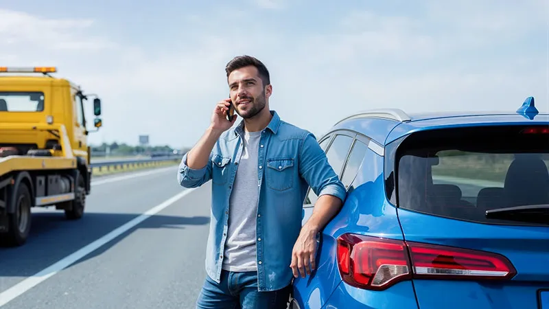 A man leaning against a blue car while talking on a mobile phone