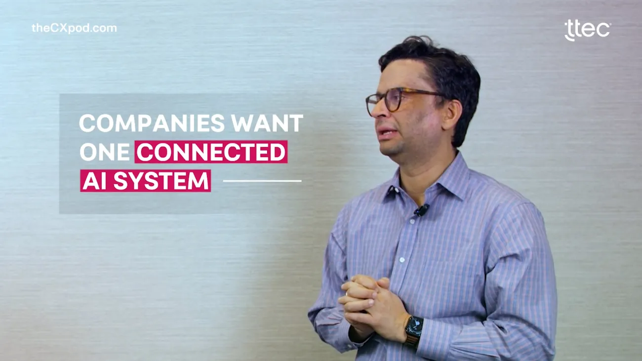 CEO side profile interview snapshot with text "companies want one connected AI system" next to him