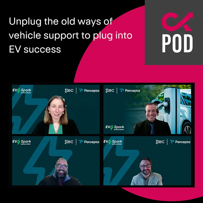 Four panel headshots of people talking about electric vehicles with pink CX Pod logo