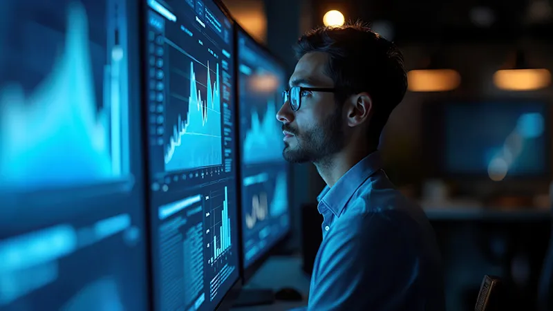 A man looking at data charts on computer screens