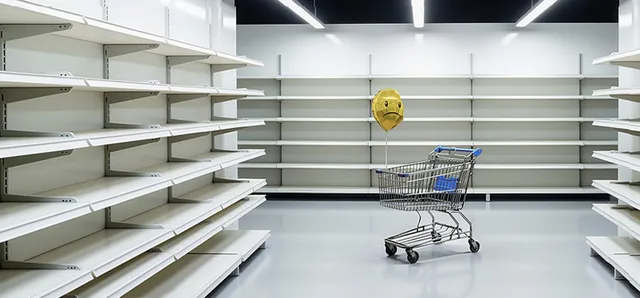 shopping cart among empty store shelves 