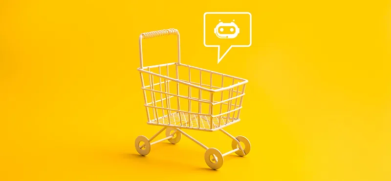 A shopping cart with a digital image of a face in a speech bubble above it
