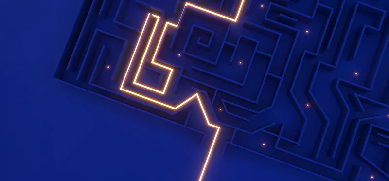 A maze with the route through it illuminated