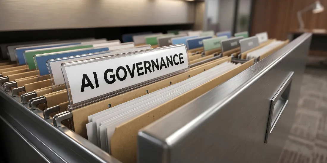 file cabinet with an "AI Governance" folder tab sticking out 